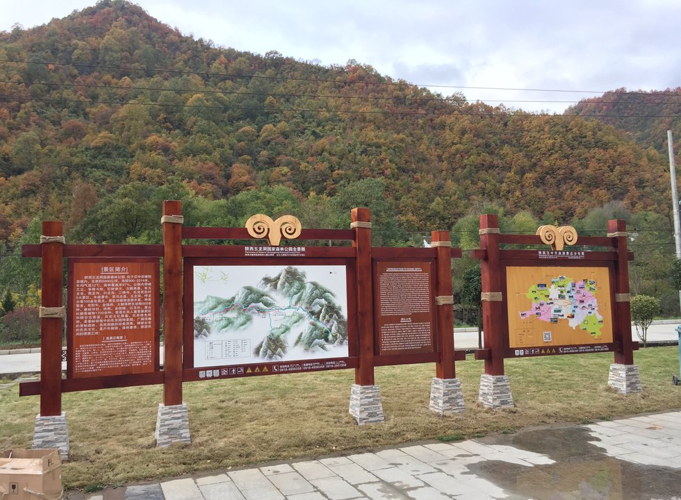 汉中五龙洞森林公园景区内自然生态风格的全景导览图标识