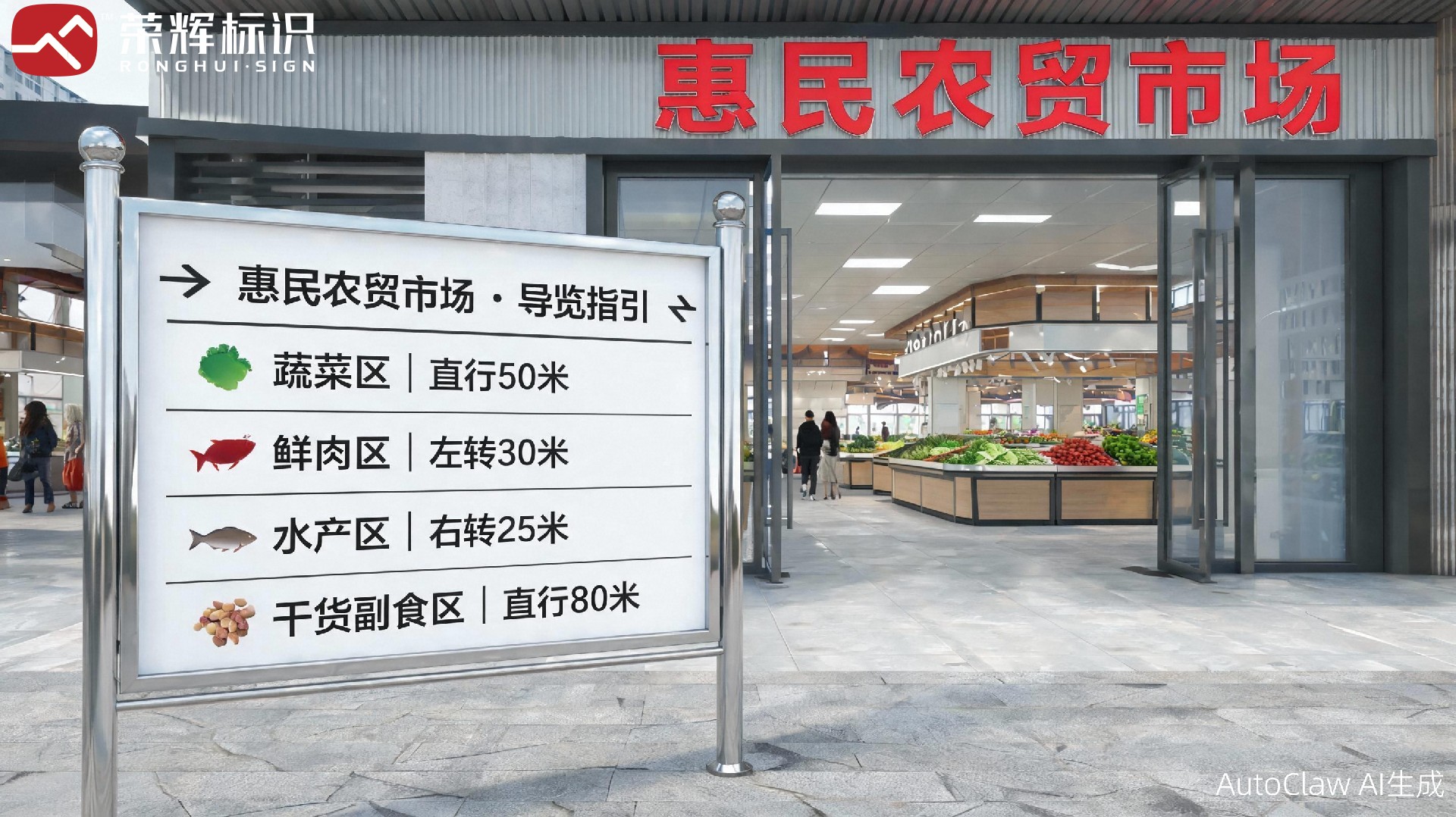 农贸市场入口导视效果图，不锈钢烤漆总览牌与分区指示
