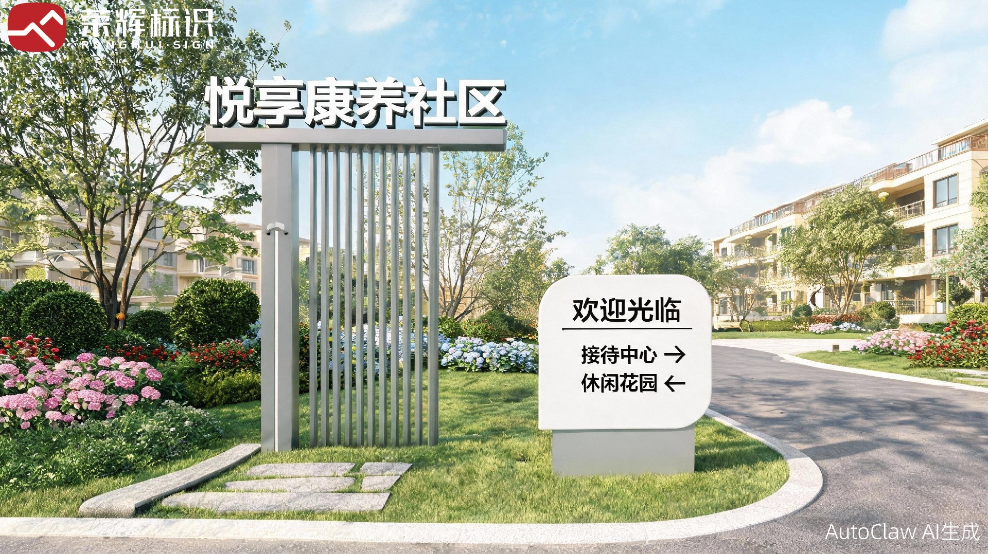 康养社区入口精神堡垒与适老化导视标识效果图